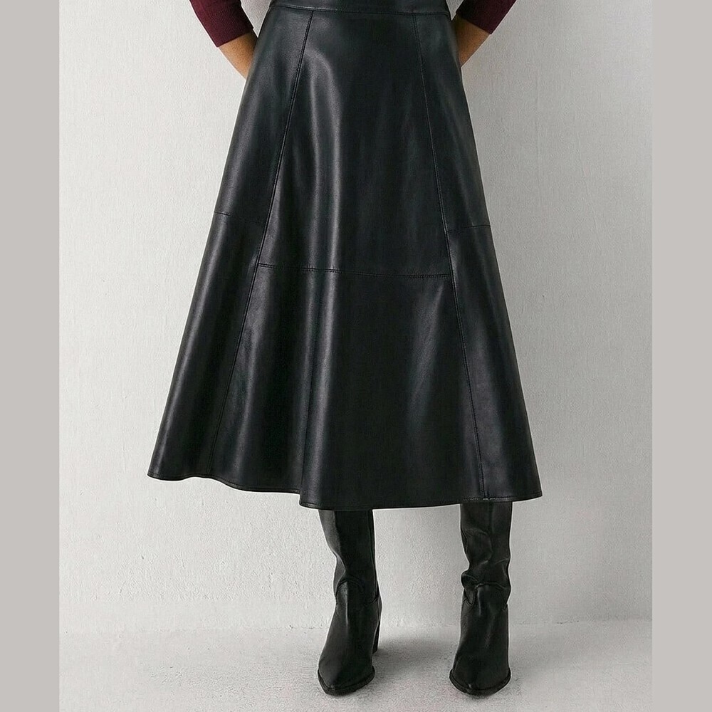 Black Faux Leather Seamed A-Line Midi Skirt